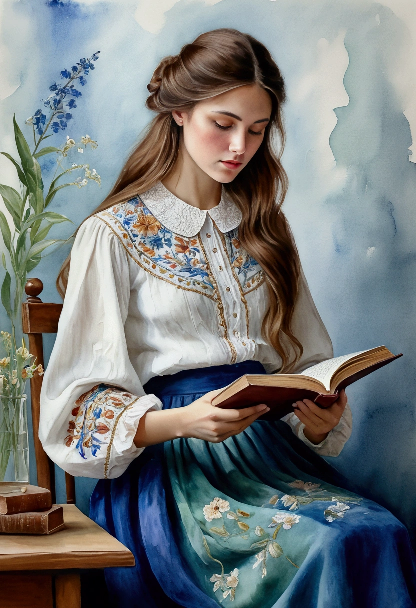 "create an ultra realistic watercolor-mixed, serene, highly detailed image of a beautiful young woman with long, voluminous brown hair reading a book. She is dressed in a white peasant blouse, with floral patterns embroidered on the sleeves and collar, paired with a skirt deep blue. The woman's expression is calm and absorbed as she gently holds the book with both hands. The background is minimalist with soft splashes of watercolor in shades of blue and green, adding a delicate and artistic focus to the scene. in the beauty of simplicity and the peaceful joy of reading. Ultra realistic image mixed with watercolor, 8K"