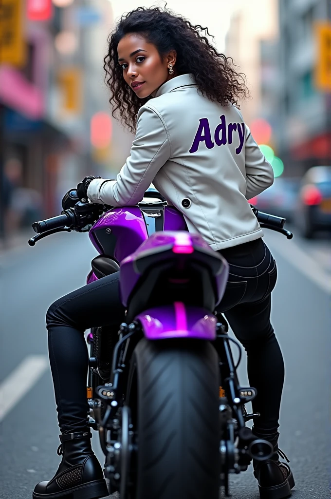 Woman with a purple and black motorcycle and the woman has a white jacket and on the back it says adry