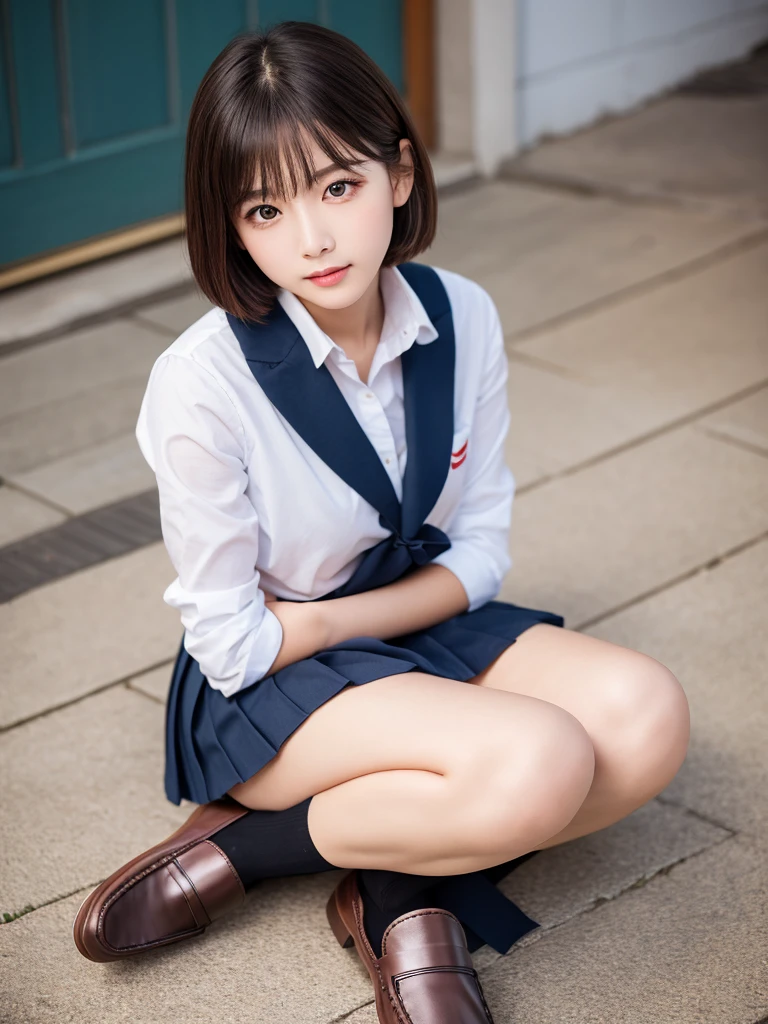 high quality、high resolution、masterpiece、Bright red sky、Beautiful crimson clouds in the background、Squat on the edge of the wave with your legs apart, She has medium bob hair、White blouse、Pleated skirt、Red High Heels、White socks、 White panties、 She is posing for a photo shoot, Looking into the camera、Shooting from below、Intellectual look、Too cute face
