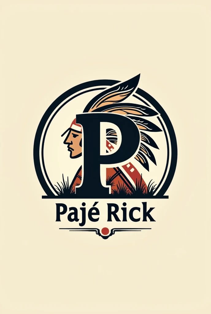 Create a round logo with the name Pajé Rick and a feather headdress above the letter P