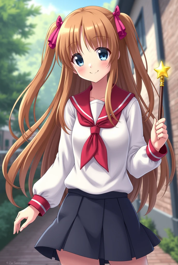 Create a realistic portrait of a young girl inspired by the character Sakura Cardcaptor. She should have long, straight, light brown hair with two side locks tied with pink ribbons. Dress her in a realistic version of a Japanese school uniform: a white blouse with a red collar and a dark blue skirt. She should be holding a magical wand with a star-shaped top. Set her against a school background with a touch of fantasy, such as a garden or a decorated classroom. Her expression should be confident and friendly