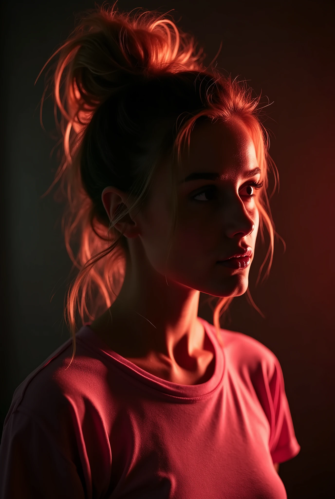 analog photo, silhouette, spotlight, portrait, a beautiful sexy young woman, highly detailed face, blonde, messy bun, big breast, seducing facial expression, wearing pink t-shirt, dark background, fair colors, RAW candid cinema,300mm, color graded portra 400 film, remarkable color, ultra realistic, fair skin, ready to do sex,