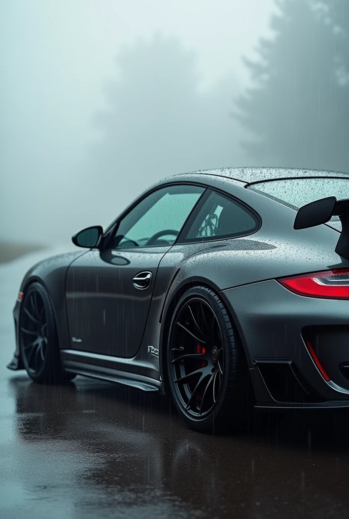 A modified Porsche   parked in the rain with fog showing its side 