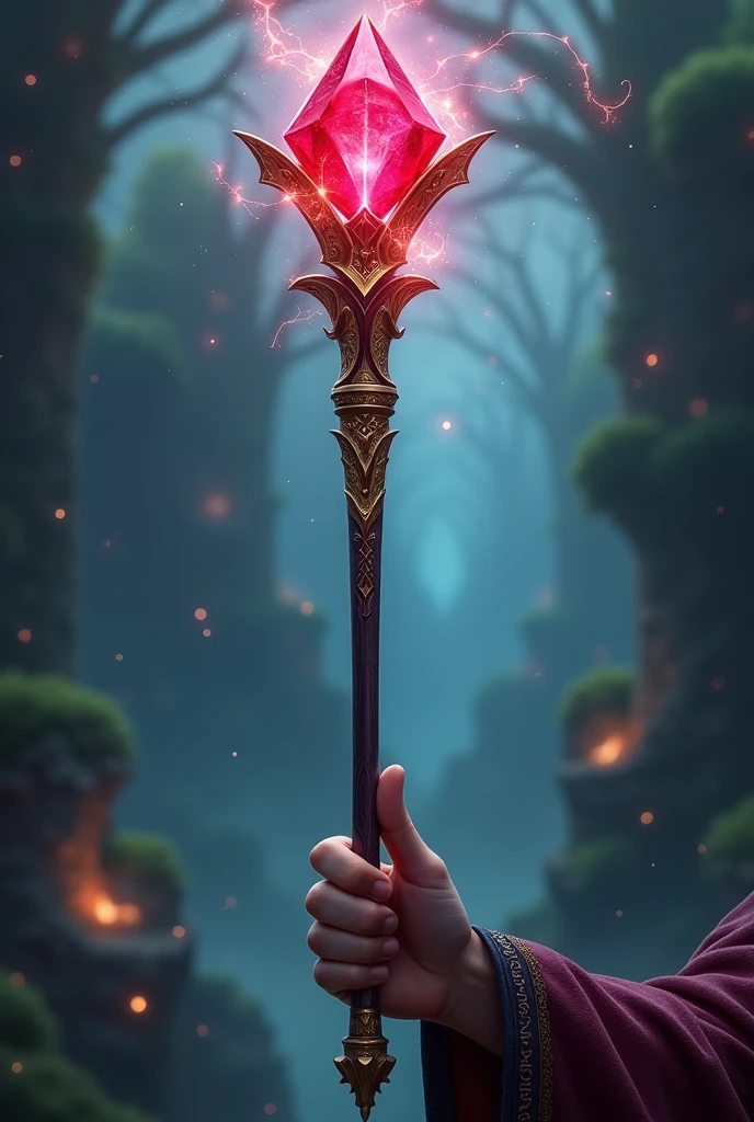 Magic staff-like wand with a red ruby crystal on the tip