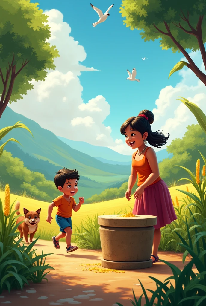 Recreate the following stanza in a realistic and contextualized way in the Latin American countryside:
What a cheerful and fresh morning! (With birds and wind)
The air grabs me by the nose,
the dogs bark, A boy screams and a fat and pretty girl,
next to a stone, grinds corn.