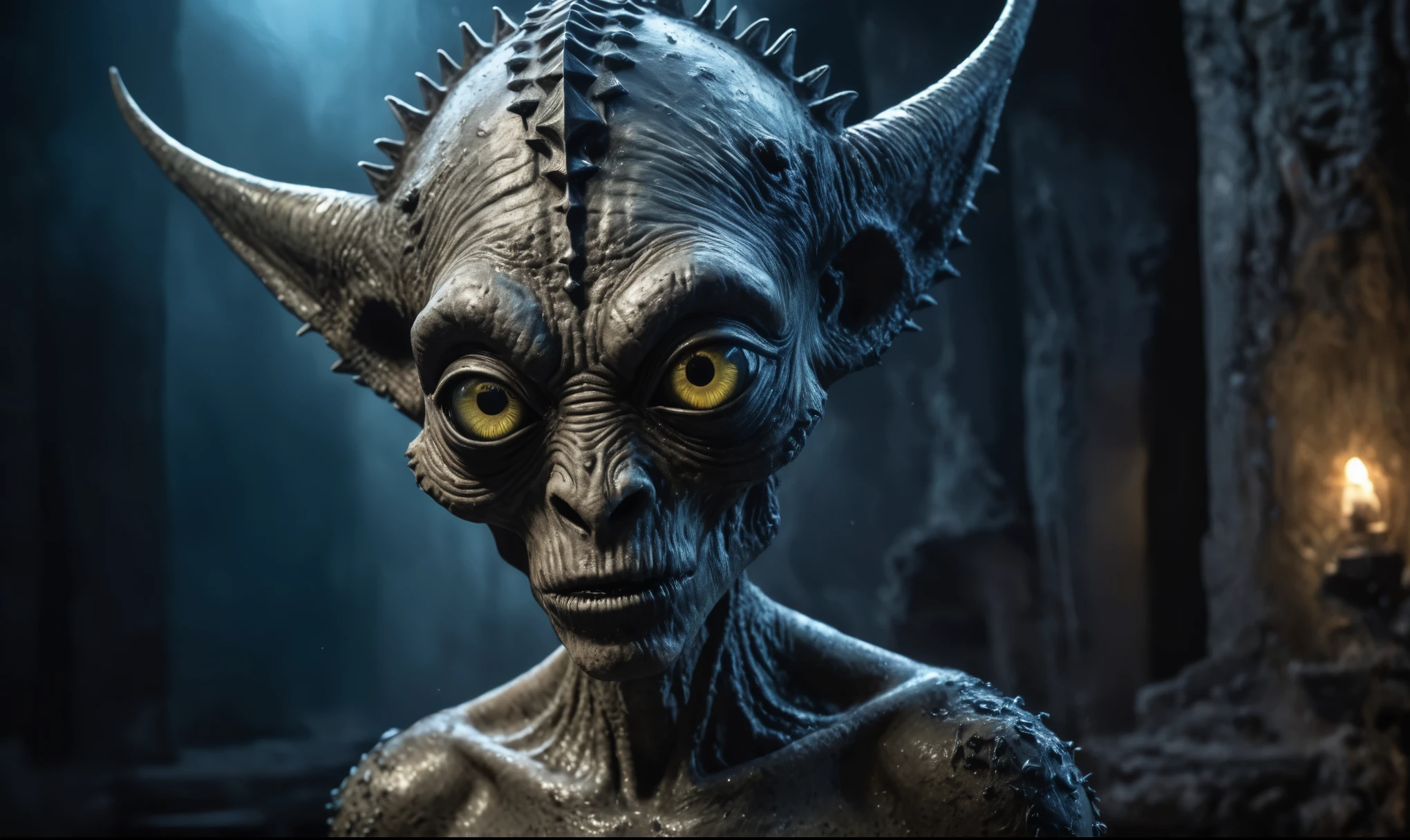 full body length shot,nerd graphite  Alien Entity,native africa slave ,nowadays azctec central city,Cinematic,soft colors, Technicolor,natural skin textures, hyper realism, hyper detailed,Extremely detailed,High contrast,Masterpiece,Realistic,Ultra Detailed, intricate details,realistic humid leather,extremely intricate details,Epic Realistic, cinematic style, irina yermolova,high contrast,hdr,extremely detailed, [deep night landscape],masterpiece, intricate details, eyes extremely detailed, high detailed eyes,8k resolution,retina, Nikon Z9,Korea,orc,Egypt, Pisces, transition between two art styles,full body length, Double contact, X-ray, Creative, vivid light, fantasy, Abstract, Surrealism, super detailed, high resolution,insanity national folk wear,skin  almost translucent, gothic elements, further emphasizing its dark air,Mestichino,Light particles,chaos,starfish's leather,Angkor Wat of Cambodia,"(The best lighting, dark, dramatic),(alien troll half-skull fetus, Hellraiser, Scars, , without brain, , dog inside the head, terror.),(fish eyes, calaveras). studio light

