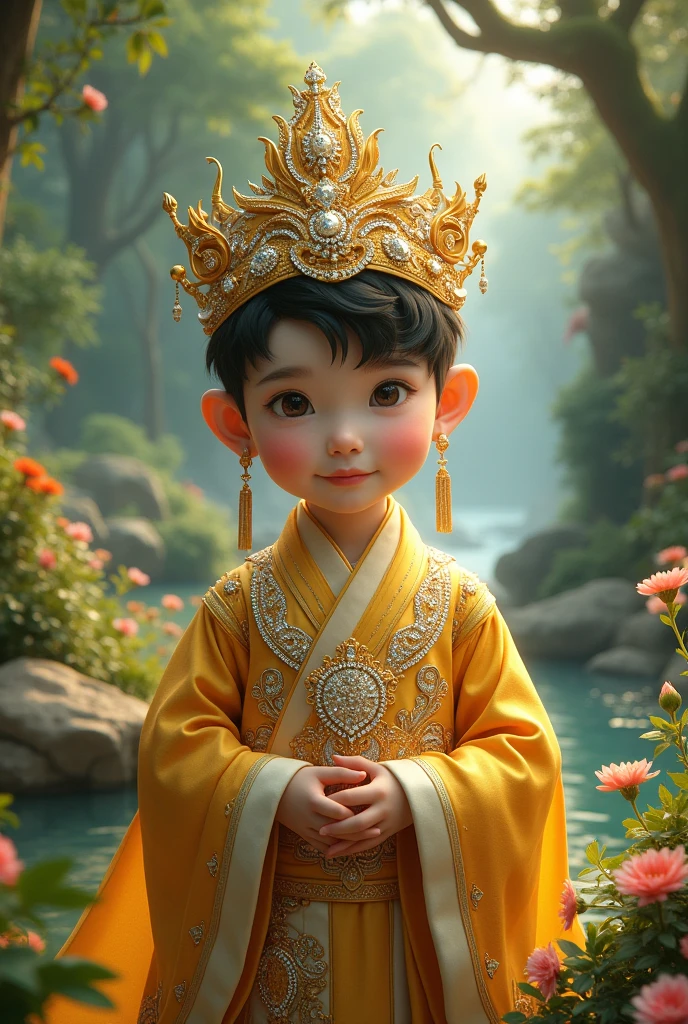 (Masterpiece),(Need),(Super meticulous),(Entire body:1.2),(A little boy:Laugh,White Hanfu,with long black hair,Sit in a small boat,The boat is on the water,mountain)chibi
