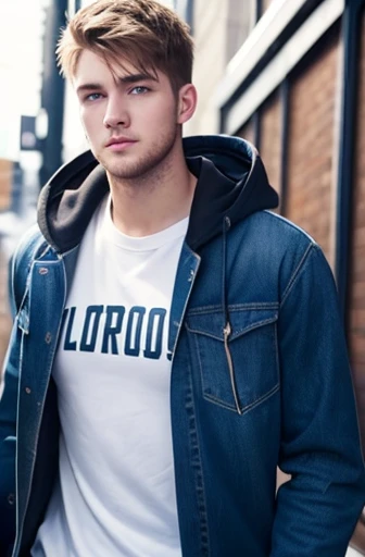 basketball，university student，expensive，Half Japanese、Half British，Shortcuts(Hairstyle，2 Blocks)，Muscular，1，beard，blonde，Gentle expression，Quiet，good person，basketball部，Fashionable hoodies，jeans，blue eyes，double eyelid，Honor student，snow，Winter clothes，Looks like Luka Doncic