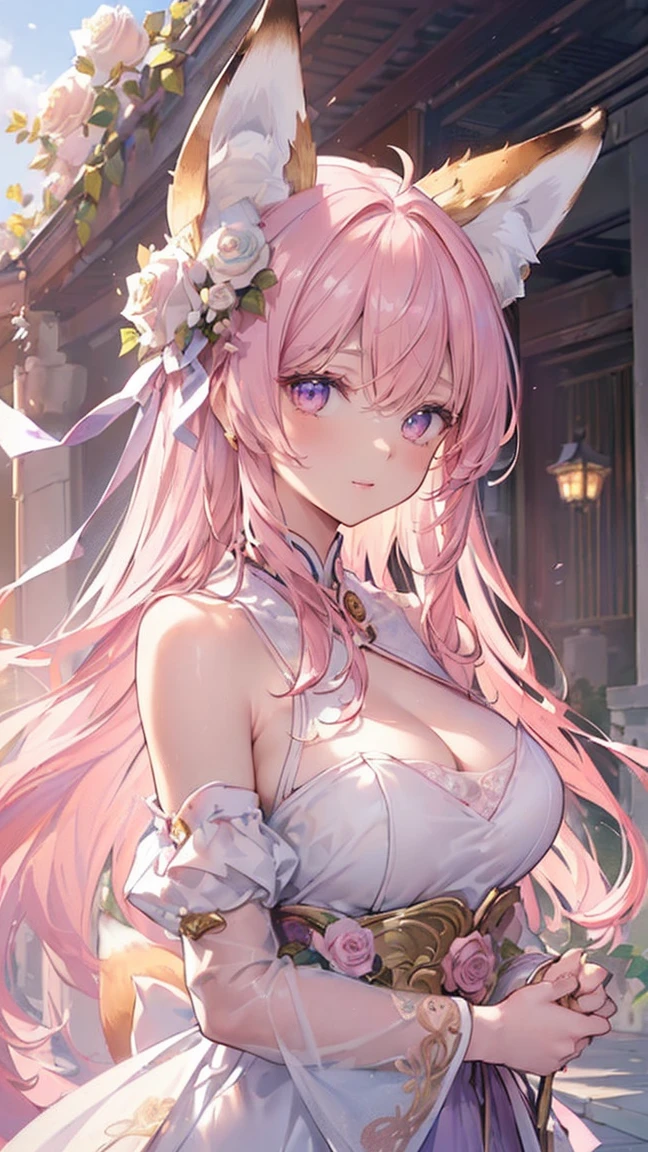 (((masterpiece))), (((Highest quality))), ((Very detailed)), ((Ultra-fine illustrations)), ((Ultra-fine painting)), (16K Highest quality wallpaper:1.4), (Upper Body:1.4), (Highly detailed and subtle illustration style,:1.8) Detailed skin texture, Detailed cloth texture, Detailed rose flower texture, Detailed wood grain texture, Very detailed説明, (T-masterpiece), (Very detailed顔:1.4), original, RAW Photos, Professional, Intricate details, Super Details, Direct sunlight:1.6, (Perfect Anatomy:1.4), (Extremely elaborate hands:1.2), (Very elaborate fingers:1.2), (Very detailed指先:1.2), (2), Genuine, (alone:1.6), (A messenger of God、Very beautiful and attractive fox fashion model who is a traditional sacred maiden:1.4) brake (Beautiful and adorable fox ears:1.6), (Very detailed and delicate fox ears:1.4), (Beautiful and well-shaped big breasts:1.2), (Beautiful and shapely butt), (Beautiful shiny pink hair:1.6,long hair,Wavy Hair), (Very fine and delicate pink hair:1.4), (Clear, light purple eyes that shine beautifully in detail:1.6), (Very delicate and detailed pale purple eyes:1.2), (Very detailed顔:1.4), (smile:1.4), (View your viewers:1.4), (Are standing:1.4), (celebration:1.4) brake ((celebrationの席で着られる、A delicate and beautiful princess dress。:1.4)) brake ((Holding a large, intricate and delicate bouquet in both hands ((White and pink roses)):1.3)) brake (After noon:1.4), (celebration:1.4), ((Highly detailed and delicate white rose flowers and pink rose flower garden background:1.4)), (春のAfter noonの、Highly detailed and intricate palace courtyard background:1.4) brake