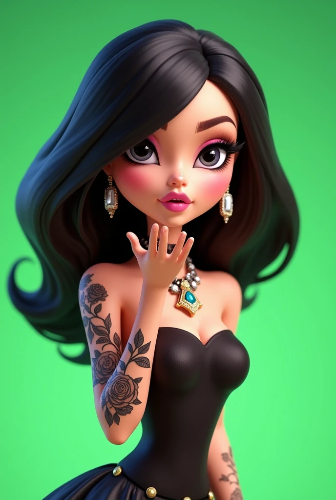 A bratz-like animation of a girl with medium black hair, with a whiter skin with a dot piercing on the left side of her nose with large earrings in her ears posing in evening wear blowing a kiss with a tattoo with many black roses on her left arm on a completely green background 