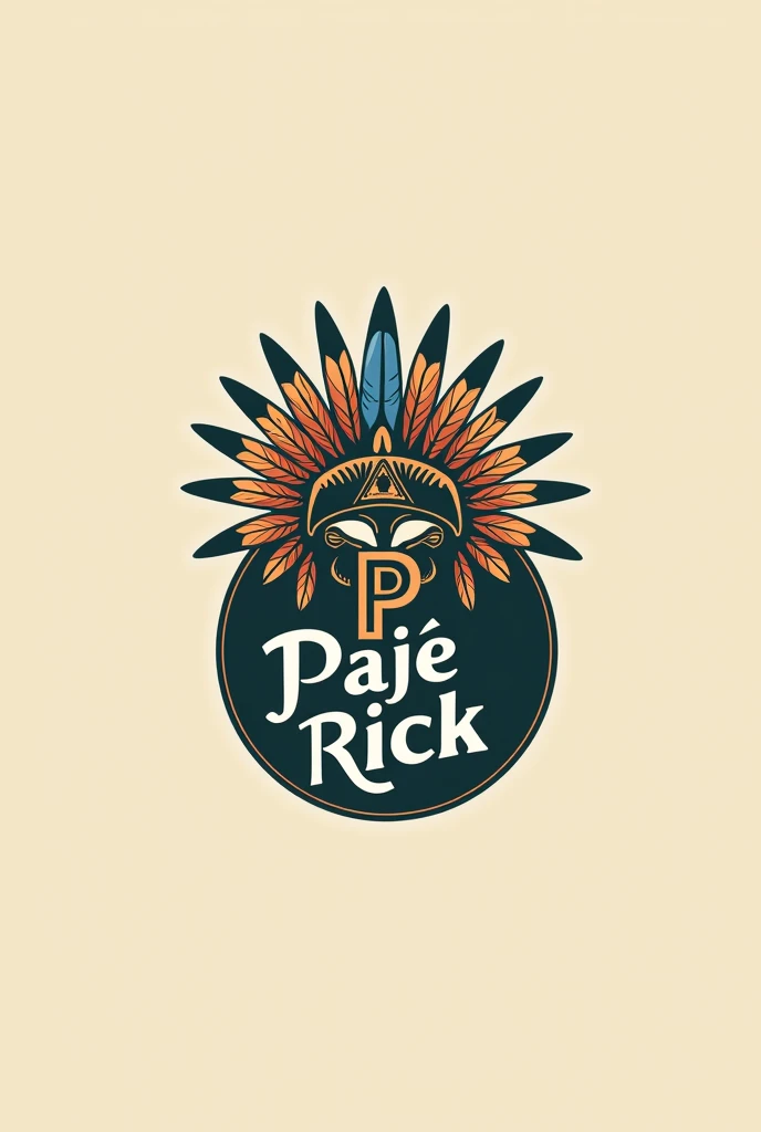 Create a round logo with the name Pajé Rick and a feather headdress above the letter P