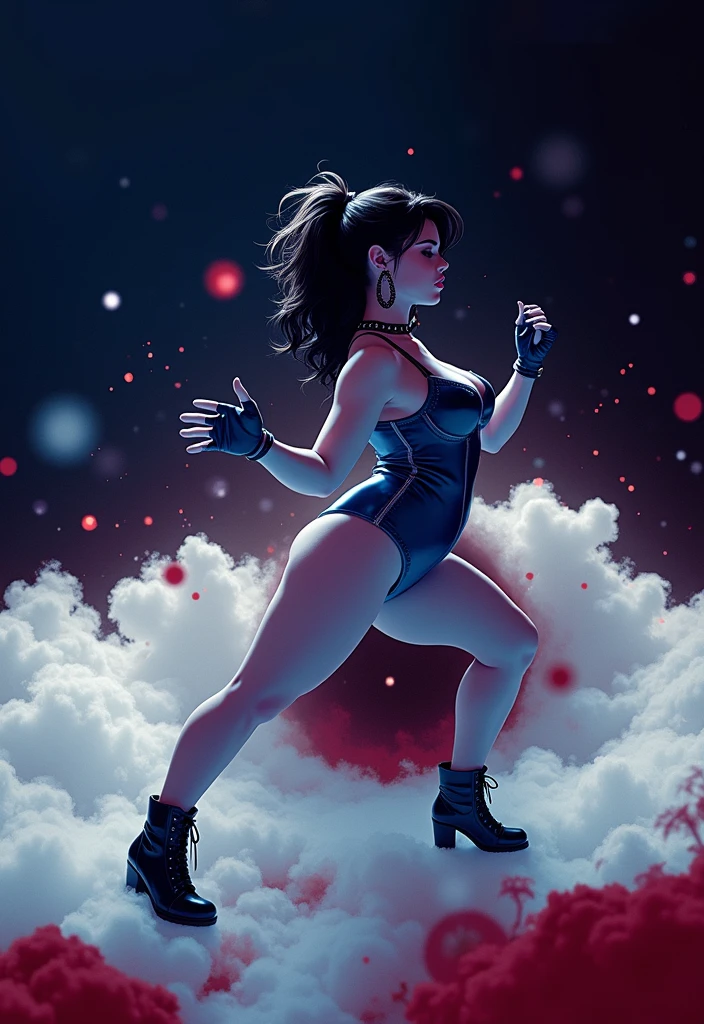 Illustration, extreme high contrast black and white image, full body girl dancing to disco music. The light draws the silhouette on black, Messy hair, dark background, hyperrealistic, maximum detail, 8K, bokeh, poster format, (best quality), (masterpiece), 1 girl, early 20's, huge heavy breasts, busty, perky breasts, thick, thick lips, wide hips, pkmnClair, ponytail, earrings, choker, cape, blue bodysuit, blue gloves, bracelet, blue boots