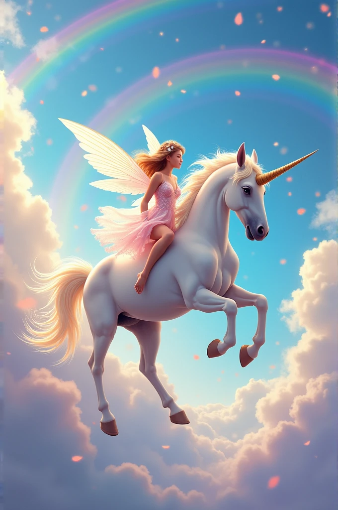 Fairy riding a unicorn in the sky and lots of rainbows and clouds