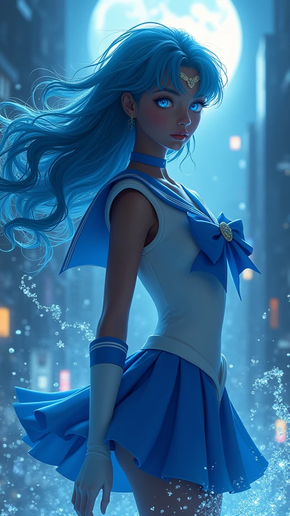 Sailor Mercury with blue hair and , (dark ebony skin:1.4),(background city destroyed apocalypse Tokyo night :1.4), Artgerm JSC, portrait knights of zodiac girl, extremely detailed Artgerm, Ross Tran 8 K, in the style of ross tran, Artgerm Julie Bell Beeple, by Ross Tran, ross tran style, alena aenami and artgerm, inspired by Ross Tran, high quality, (raw photo, best quality), (realistic, Photorealistic: 1.4), (extremely delicate and Beautiful: 1.4), Amazing, fine details, masterpiece, Ultra detailed, high resolution, best illustration, best shadow, intricate, ( extremely intricate: 1.2), (exquisitely detailed skin), cinematic light, Perfect anatomy, (cool color: 1.4), Sharp focus, 8K UHD, DSLR, (Fujifilm XT3),(dark ebony skin:1.4),( cinematic lighting :1.4), ,(Tokyo cyberpunk ruined dungeon ruins background :1.4 ),( pose americano :1.4), (Sailor Mercury :1.4), (a uniform with a blue skirt and light blue bows:1.4) .(85mm f/1.4), (different face extensions :1.4), (beautiful woman beauty a goddess of nature :1.4), epic fantasy art style hd, 4K fantasy art, epic fantasy digital art style, epic fantasy art style, Fantasy Woman, epic fantasy art portrait, Epic fantasy style, hyperrealistic fantasy art, hd fantasy art, epic fantasy character art, epic fantasy art, in style of dark fantasy art, epic fantasy digital art, (Sailor moon Mercury:1.4), (Sailor Mercury V2.1), (half body pose:1.4 ), - floating particles, magic water:1.4),( floating water:1.4) ,(surrounded by swirling water:1.4), (skirt lifted by itself: 1.1), (skirt lift: 1.3), (showing white panties: 1.3), (mostrando panties upskirt :1.4)