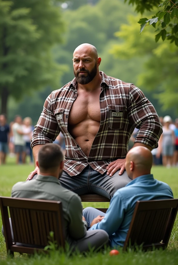 Big body builder white bald men wearing unbuttoned double pocket check shirt with logos at park sitting on bench with friend