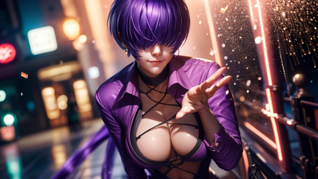 (at night), alone, in a video game scene, a background of a beautiful city during the day raining, standing at attention, purple hair, pink clothes ((purple hair)), 1 girl, alone, 20 years old, woman young, perfect and beautiful hands with perfect fingers, beautiful long legs, perfect legs, beautiful body, beautiful nose, beautiful character design, perfect face, looks at the viewer (focusing on the entire character), closed mouth, Light_Smile, official art, extremely detailed 8k CG wallpaper unit, perfect lighting, bright and colorful front lighting, glowing skin (masterpiece: 1.0), (best quality: 1.0), ultra high resolution, 4K, ultra detailed photography, 8K, HDR, high resolution, nonsense: 1.2, Kodak portra 400, film grain, blurred background, bokeh: 1.2, lens flare, (vibrant_color: 1.2), professional photography, (beautiful_face: 1.5), (narrow waist),