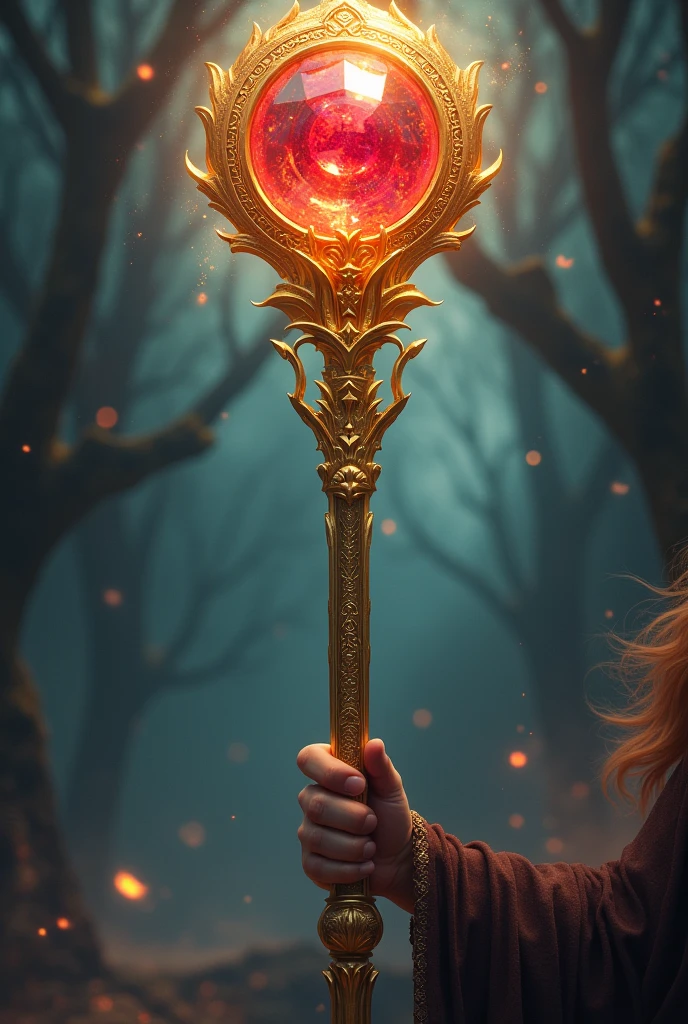 Golden magic staff with a red ruby crystal on the tip