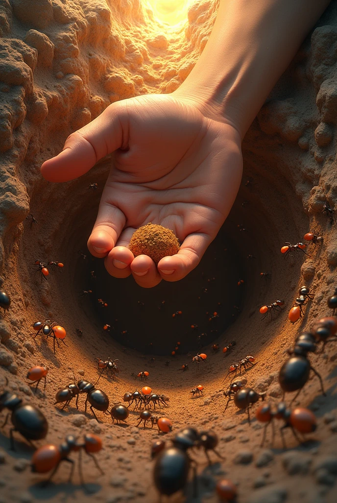 A powerful hand beats on the ant nest full of ants, the ants are shaken, some ants are fighting, the picture composition golden ratio, fierce fighting, vertical composition. Realistic style, 3D quality