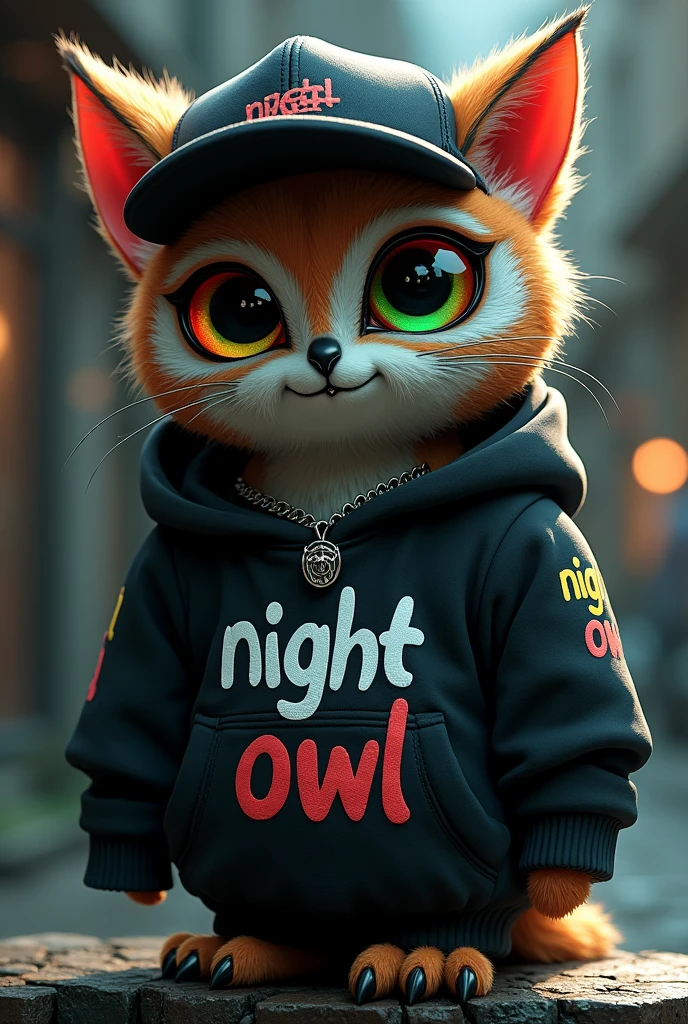 A fusion of owl cat with dark circles red and green eyes hip hop clothing that says "night owl 夜中 and that he is tough and has earrings and a lip piercing and a cap