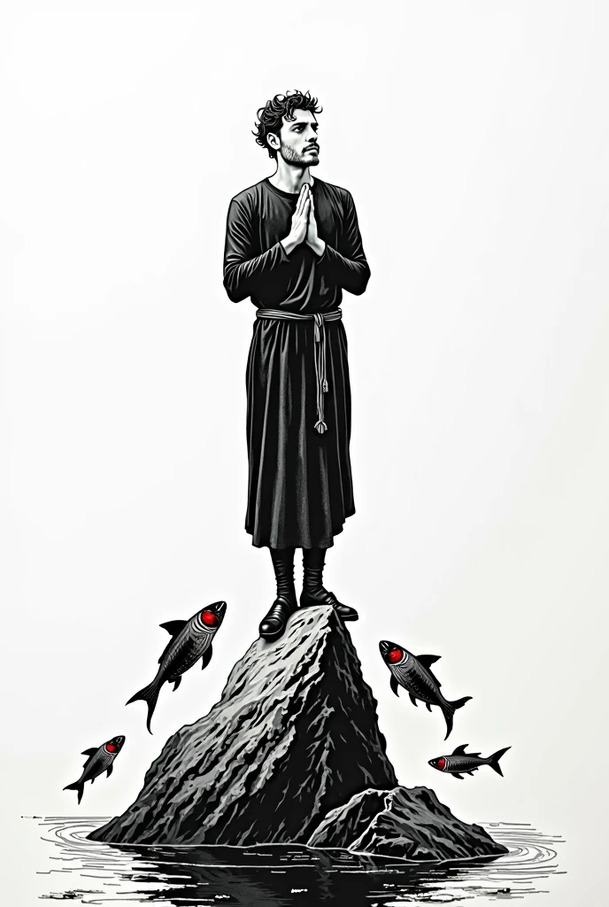 Black and white ink drawing in Harry Clarke style, full body man fine facial features, detailed work of art, standing on a pointed rock sticking out of the water in a river looking forward with hands together in front of chest as if praying, In the water fish jump around the rock work of art