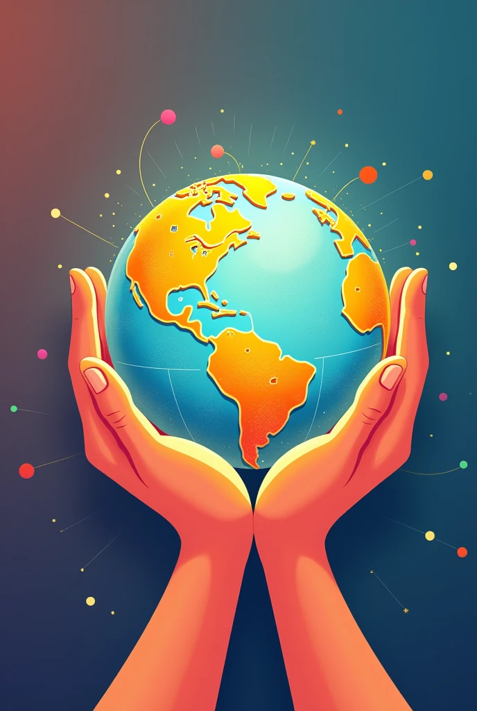 a cartoon image of a two hands of a human holding a globe with something digital inside