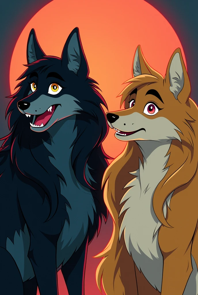 (A disney style anthropomorphic wolf character with black long hair in 80s style, a disney style anthropomorphic wolf character with blonde long hair in 80s style, modern talking band style, highly detailed, 8k, photorealistic, masterpiece, intricate, hyper realistic, vibrant colors, cinematic lighting, dynamic composition, cinematic angle)