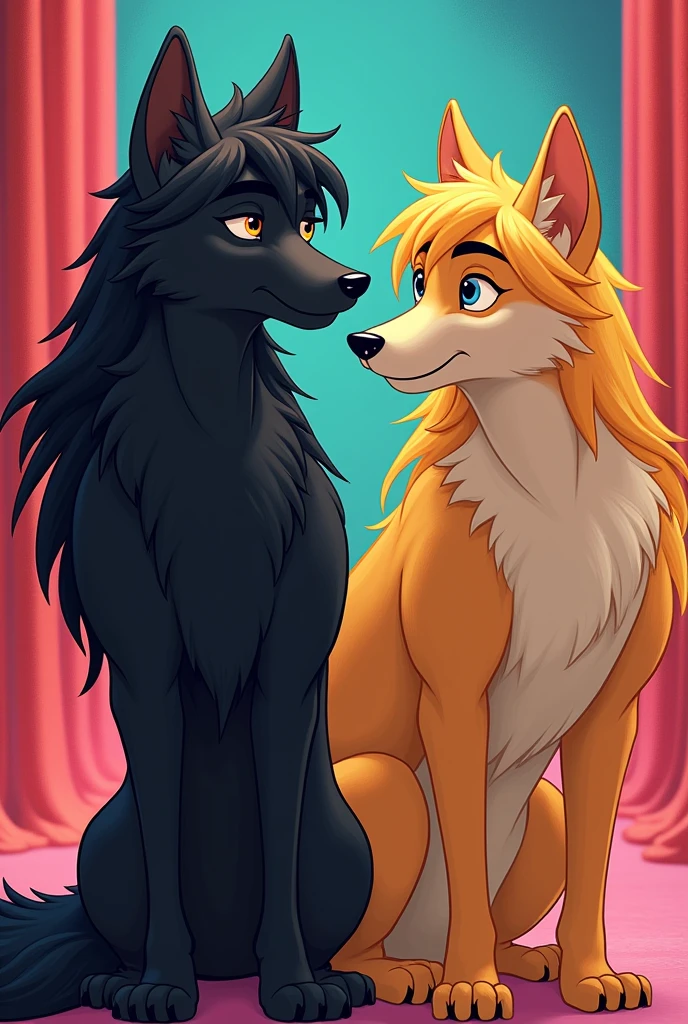 (A disney style anthropomorphic wolf character with black long hair in 80s style, a disney style anthropomorphic wolf character with blonde long hair in 80s style, modern talking band style, highly detailed, 8k, photorealistic, masterpiece, intricate, hyper realistic, vibrant colors, cinematic lighting, dynamic composition, cinematic angle)