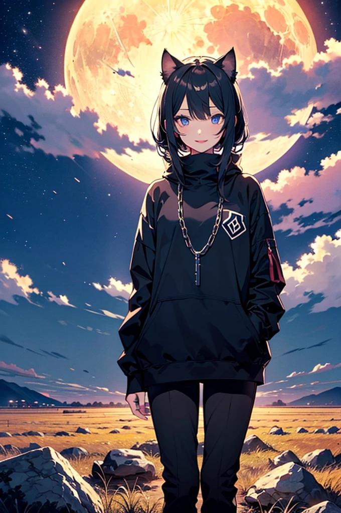 art in 4K, Full HD, Best Quality, perfect art: girl, cat ears, dark rock clothes, black pants with small chains on the pockets, making the rock symbol with one hand, nails and lipstick painted black, sadic little corner smile, looking at the viewer, beautiful blue eyes and extremely detailed lips, scenery of a plain of a field at night with a biggest full moon, night. (art without any distortions, without any blur and without any defects.)