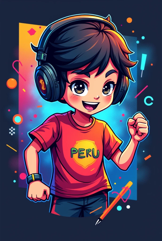 Create a mascot logo where the mascot is a gamer boy with a Peru t-shirt playing free fire