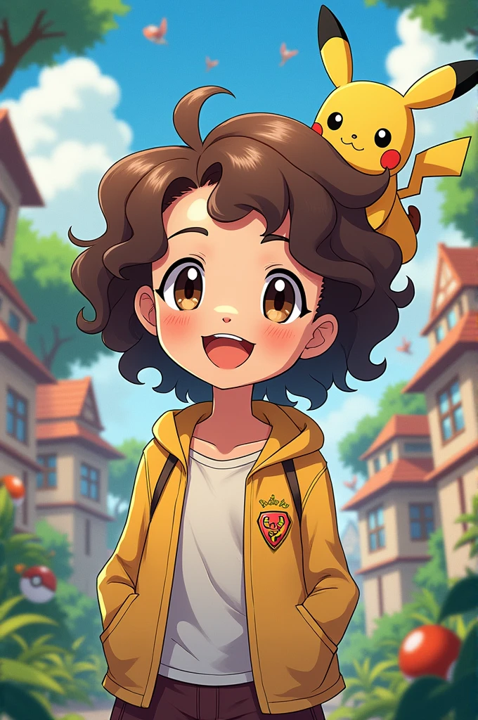 Pokemon style girl with curly brown hair