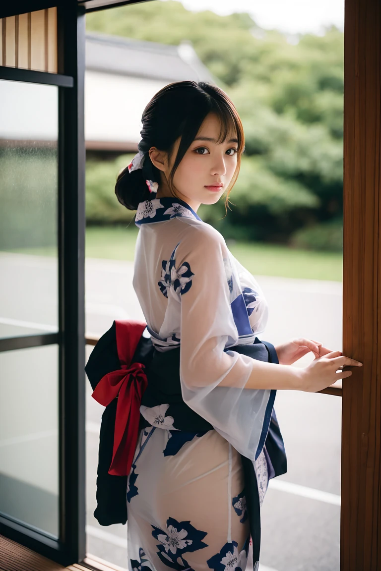 A beautiful girl wearing a see-through yukata