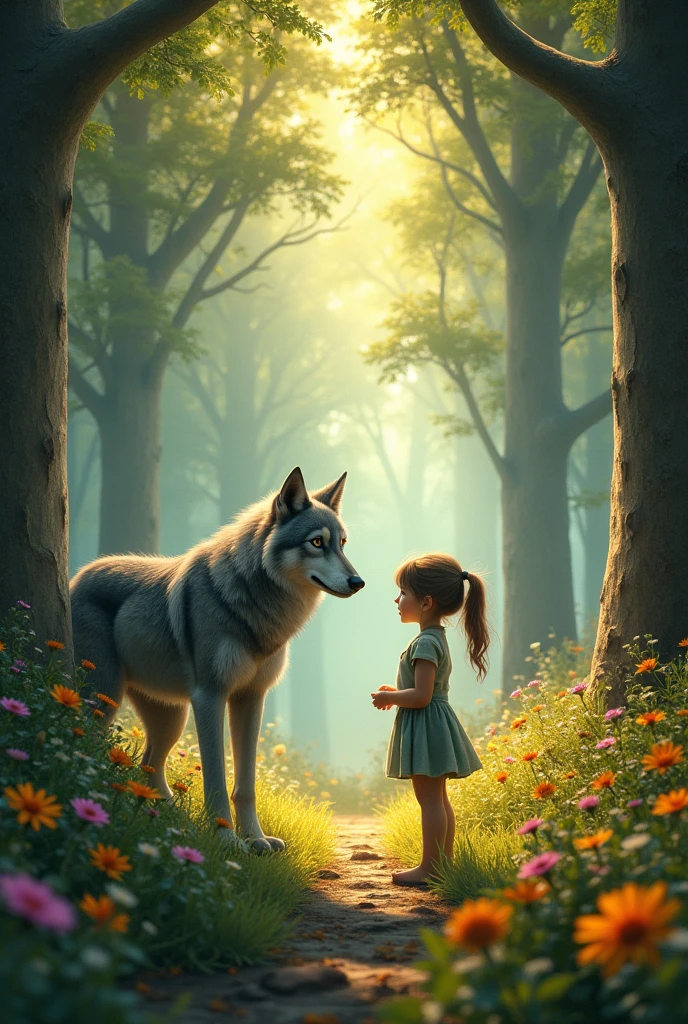 A magical forest with towering ancient trees, colorful wildflowers, a curious girl, a friendly gray wolf with wise eyes, intricate details, fantasy, cinematic lighting, vibrant colors, realistic rendering, 8k, masterpiece