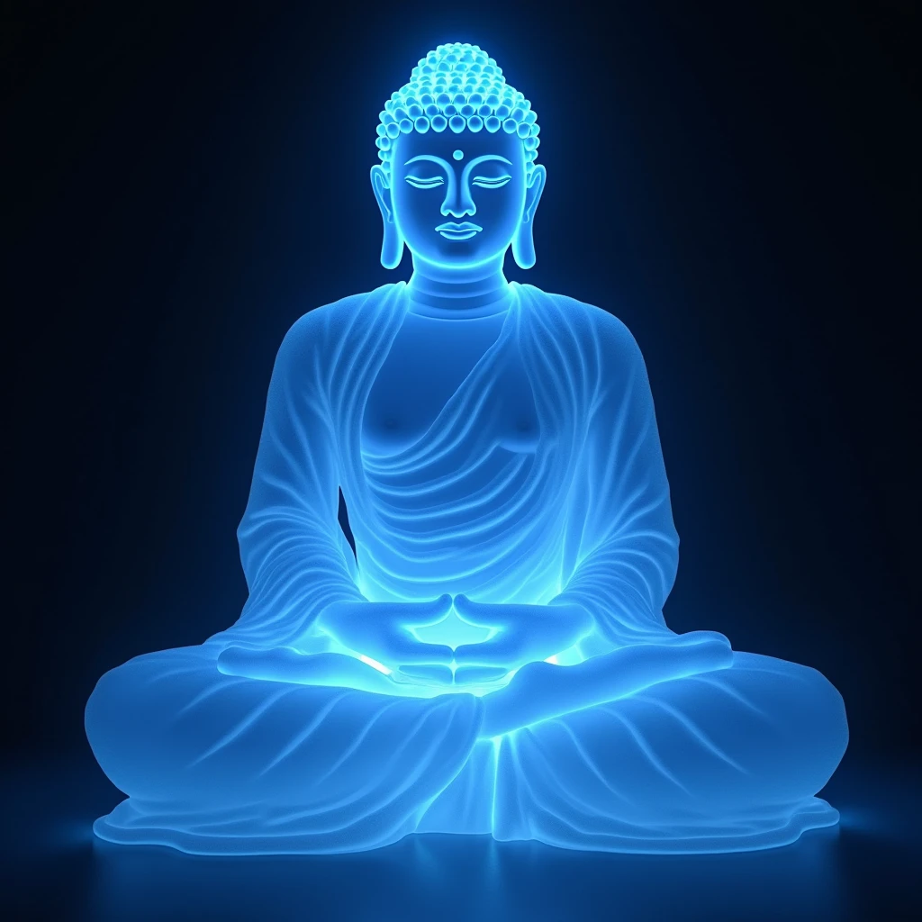 (masterpiece, best quality:1.2), Blue gradient dissolving like 3D pixel blocks，A structure that was initially intact but gradually disintegrated in the air，Fascinating Buddha Statue , Lotus position in yoga, A lotus，Solitary，Hands together，Body Glow，glowing lines，Fluorescence,Glow Example，Sample trace，flash，萤Light Particles，Backlight，translucent，Light Particles，Correct human anatomy，