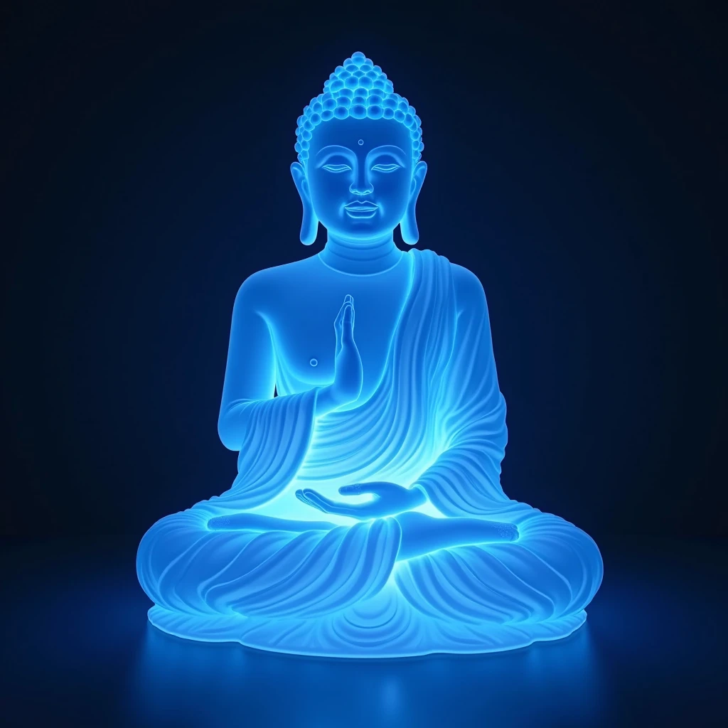 (masterpiece, best quality:1.2), Blue gradient dissolving like 3D pixel blocks，A structure that was initially intact but gradually disintegrated in the air，Fascinating Buddha Statue , Lotus position in yoga, A lotus，Solitary，Hands together，Body Glow，glowing lines，Fluorescence,Glow Example，Sample trace，flash，萤Light Particles，Backlight，translucent，Light Particles，Correct human anatomy，