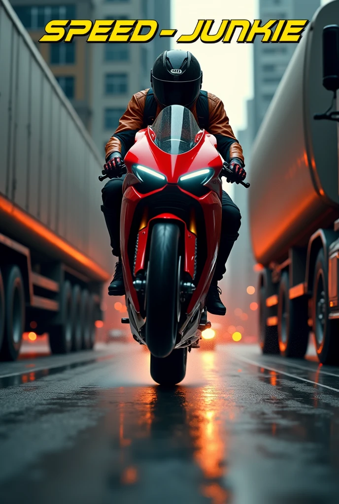 A highly detailed, futuristic, high speed action seen, 3D text "SPEED JUNKIE" centered at the top of the page, a rider on a Ducati Panigale v4 popping wheelie with the front wheel being a good 2 feet off the ground riding between two lorries, extremely dangerous situation, high speed chase, adrenaline, motion blur, low angle, dramatic lighting, cinematic composition, gritty urban environment, moody atmosphere, vibrant colors, hyper-realistic, award winning photography, masterpiece, (best quality,4k,8k,highres,masterpiece:1.2),ultra-detailed,(realistic,photorealistic,photo-realistic:1.37)