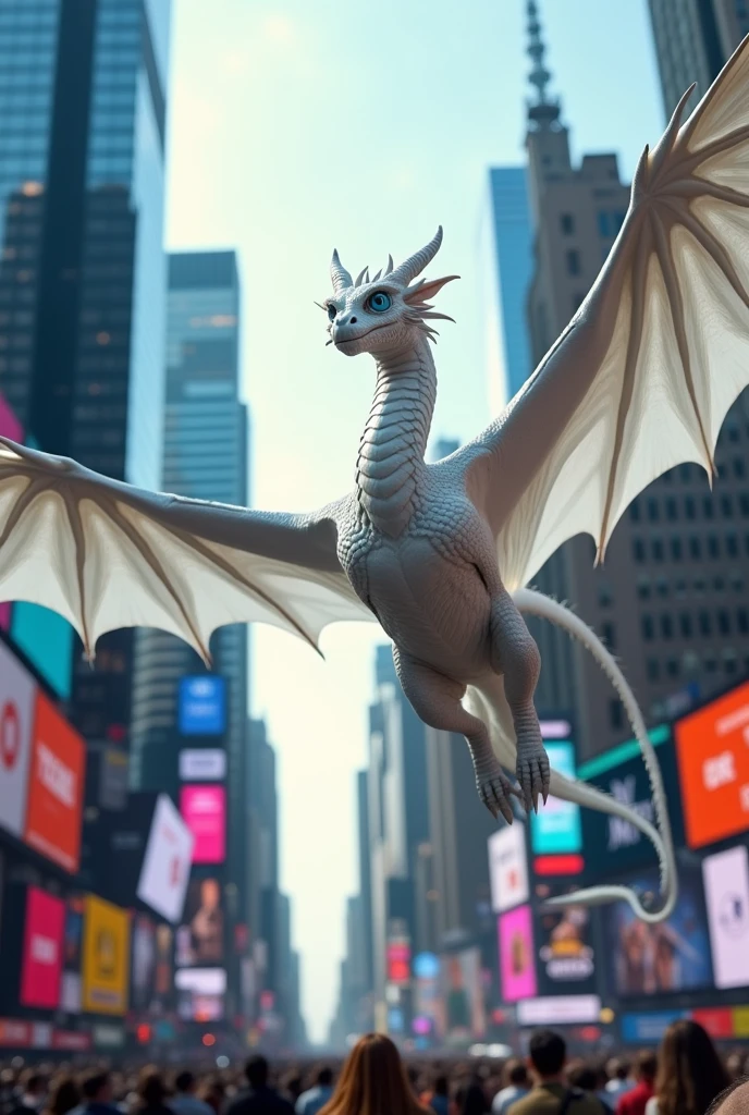 generate a white dragon flying in the sky on top of time square newyork with blue eyes and white feathers. people are looking in the sky. the image must be size of 1080x1080