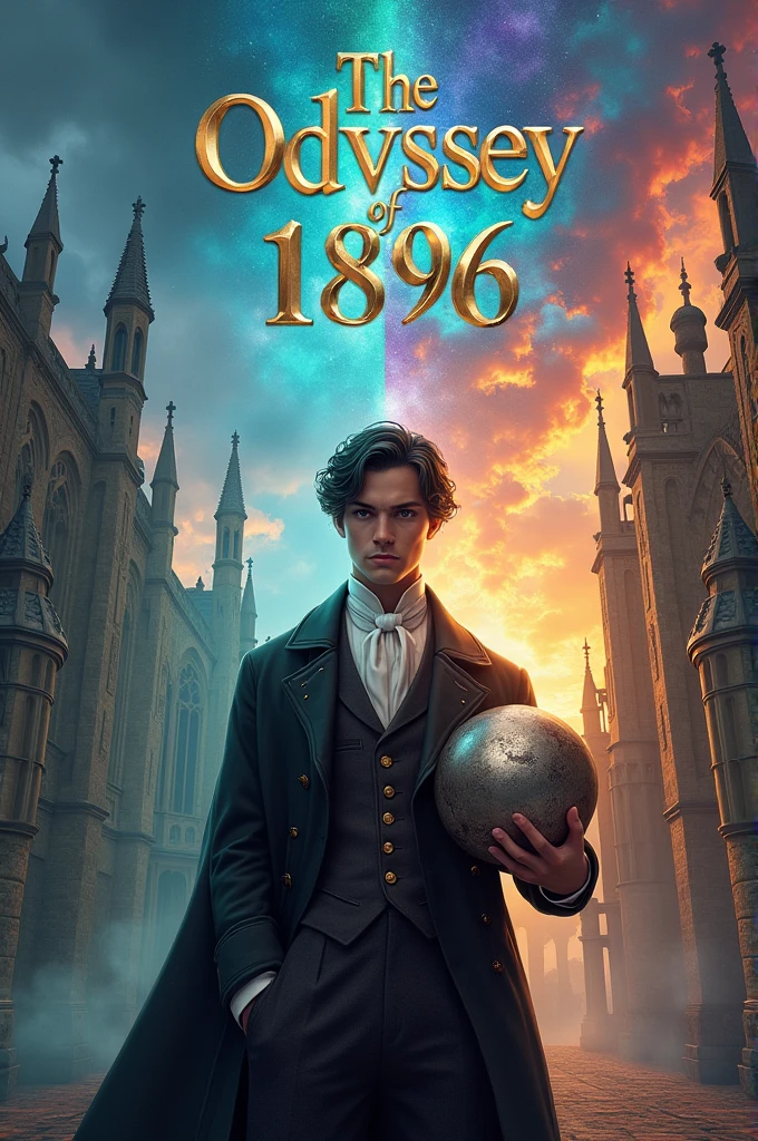 A split scene cover. On the left side, depict late 19th-century Great Britain, with an overcast sky above Cambridge University’s iconic Gothic architecture. A young man, Ethan Rivera, stands prominently in the foreground, dressed in a formal academic suit typical of the era, his expression determined yet contemplative. To his right, the scene transitions into a vibrant, medieval fantasy world, with mystical forests and towering, magical ruins under a sky of swirling colors. Ethan is seen again, now clad in a mix of 19th-century attire and medieval armor, holding a metallic spherical object (an Admin Core) that emits a faint, ethereal glow. The background on this side features strange creatures and an ancient wall, symbolizing the barrier between the two worlds. The title, The Odyssey of 1896, is displayed prominently at the top in a stylized, elegant font that combines elements of Victorian and medieval design.