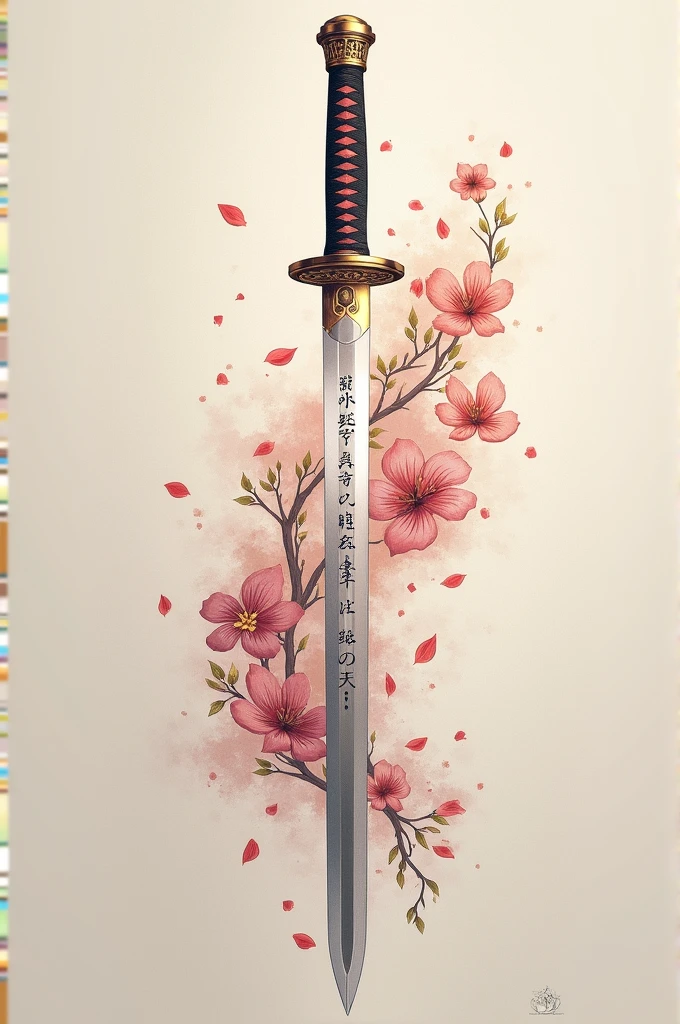 A drawing of a katana with a legend written on the blade of the sword, Valentina's values, Loyalty, love, force, freedom and with flowers of rights and petals flying