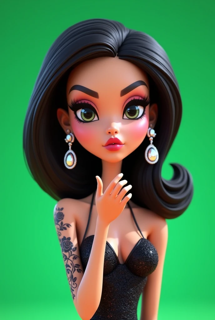 A bratz-like animation of a girl with medium black hair, with a whiter skin with a dot piercing on the left side of her nose with large earrings in her ears posing in evening wear blowing a kiss with a tattoo with many black roses on her left arm on a completely green background