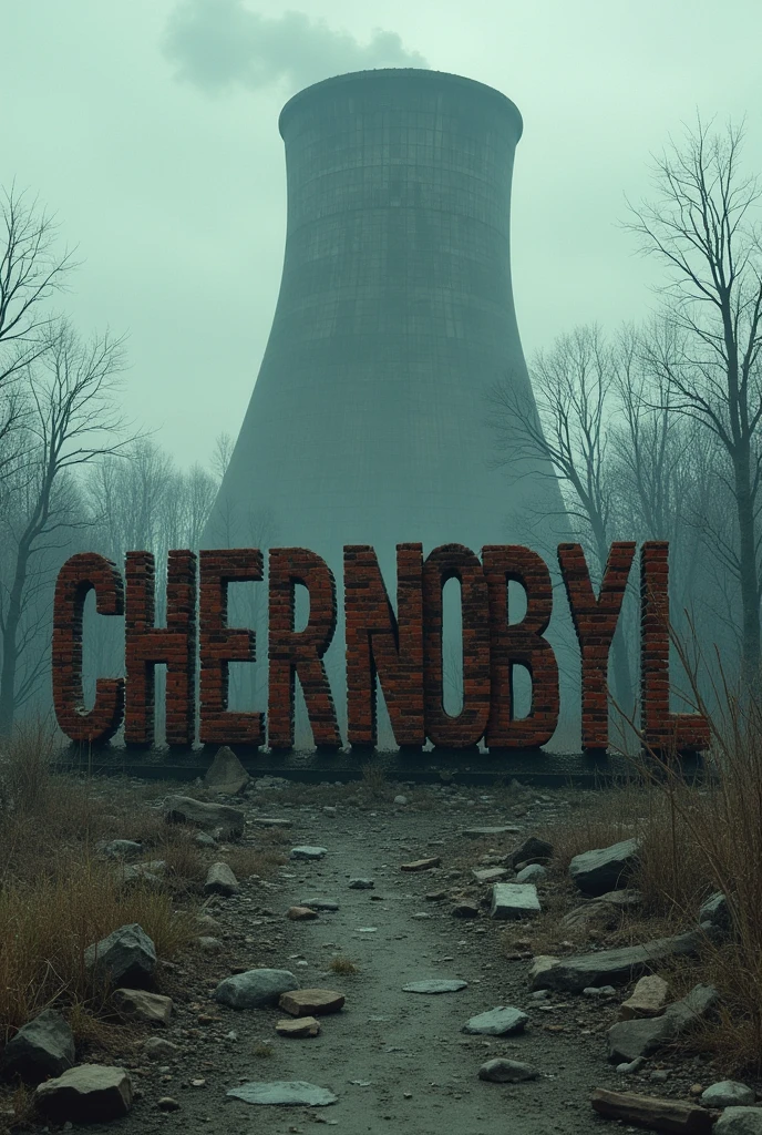 A picture with a word "Chernobyl" written over it with its letter are made of broken bricks and a exploded nuclear reactor at the background