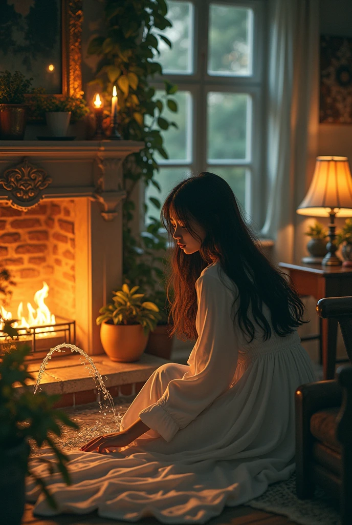- **Warm and intimate environment:** Show a scene inside a cozy room with a fire in the fireplace, symbolizing the "good coat" and la sensación de arrimarse al cal Elementos de luz and brillo Incluir Lamps suaves and candelabros que representen las "Lamps" and "spark plug" mentioned. Small flashes or reflections of light that allude to the "small diamonds".
Silhouette of a woman A female figure with long black hair, as mentioned in "the thread of your black hair", que parece inmersa en un ambiente sereno and pacífico, casi como en un estado meditativo o soñador
Detalles de agua and naturaleza:Add water elements, like a small silent fountain, and detalles naturales que evoquen el recogimiento and pureza, como plantas verdes and flores
Colores suaves and cálidosUtilizar una paleta de colores cálidos and tranquilos, With golden hues, soft blues, and matices oscuros para evocar la sensación de paz, misterio and cercanía emocional que transmite el poema
Esta representación visual intenta capturar tanto la atmósfera cálida and acogedora como los elementos de misterio and belleza que el poema sugiere, inviting the viewer to feel