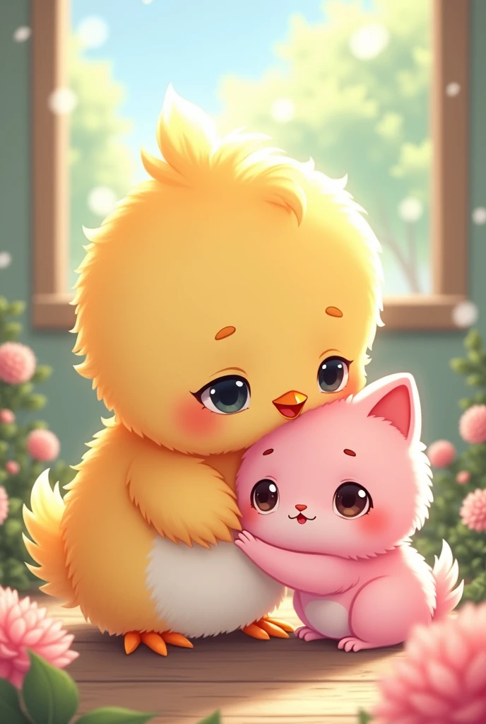 Anime-like image of a colored chick hugging a pink cat
