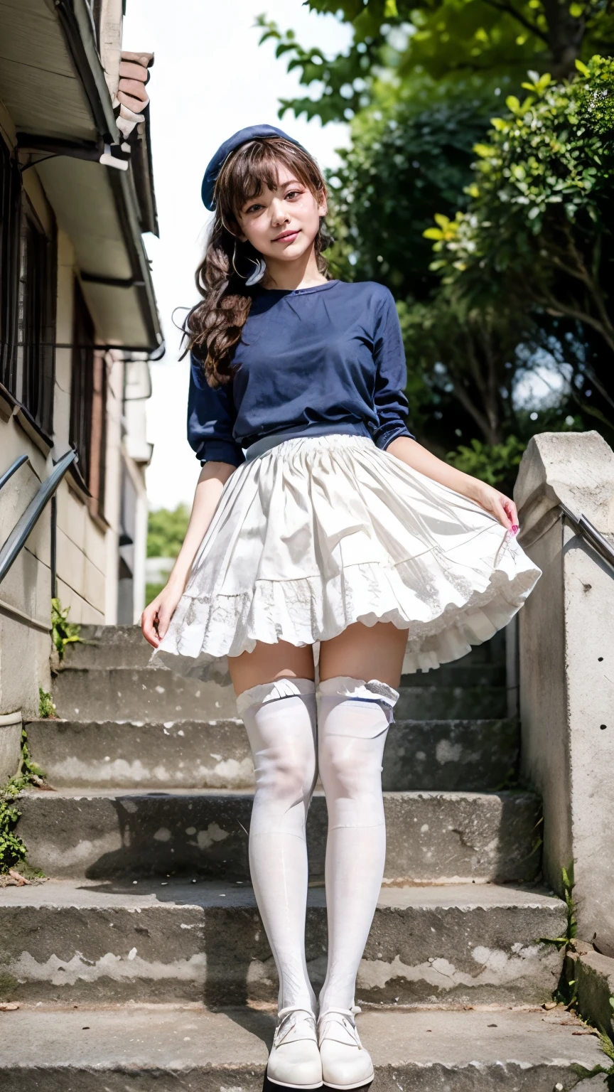 (Woman walking down the stairs:1.2、Squint your eyes and laugh)、(Wearing a frilly dress:1.4、((wearing over-the-knee socks:1.5)))、(View from the front、View from directly below)、(Realistic、Like a photograph、Live Action、8k, Realistic, RAW Photos, Best image quality: 1.4), Single-lens reflex camera、RAW Photos, Highest quality, Realistic, Highly detailed CG Unity 8k wallpaper, Written boundary depth, Cinematic Light, Lens flare, Ray Tracing, Realistic background、((ultra high density skin))、(whole body:1.5)、Long Hair 1.2、ponytail、Hair blowing in the wind:1.4)、I like that style、stylish、Very detailed、Pay attention to the details、Perfect outfit、(Sunburned skin)、Accurate hands、Accurate legs、Detailed hands and fingers、Anatomically correct body、Thin legs、Thin thighs、Small breasts、Very detailedな顔