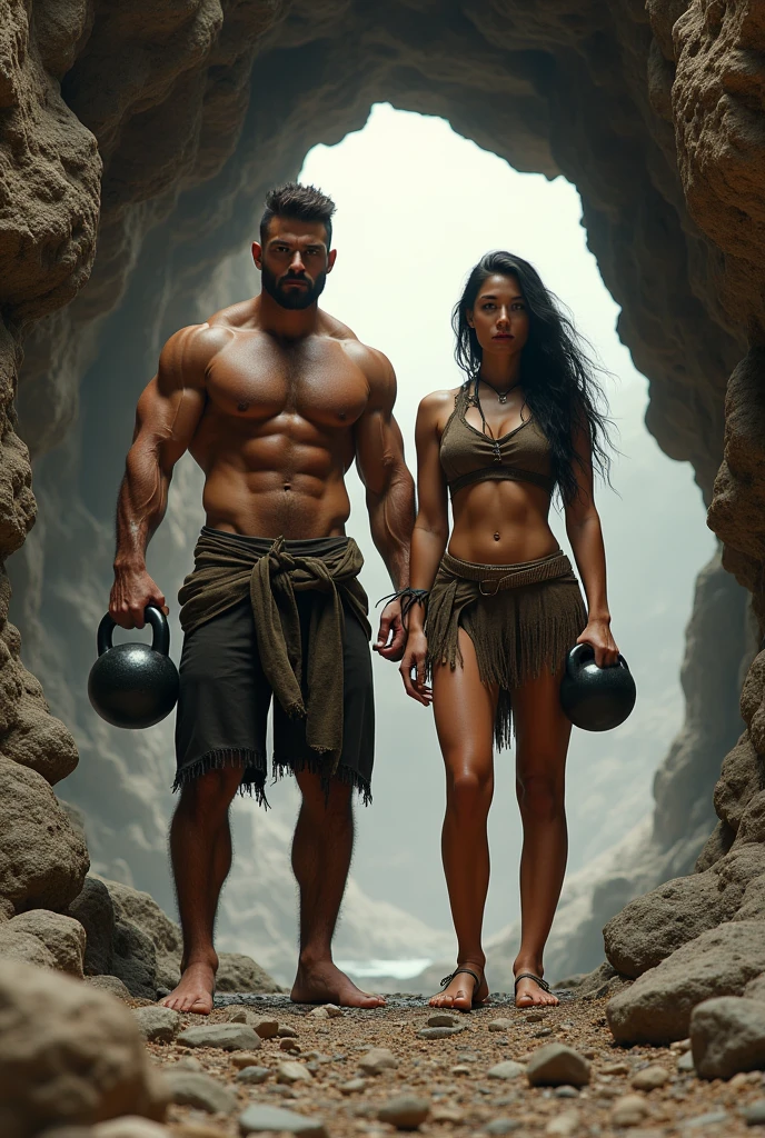 Primitive muscular and attractive man and woman, Coming out of a cave head on.
He with a kettlebell in his right hand and she with a dumbbell in her left hand