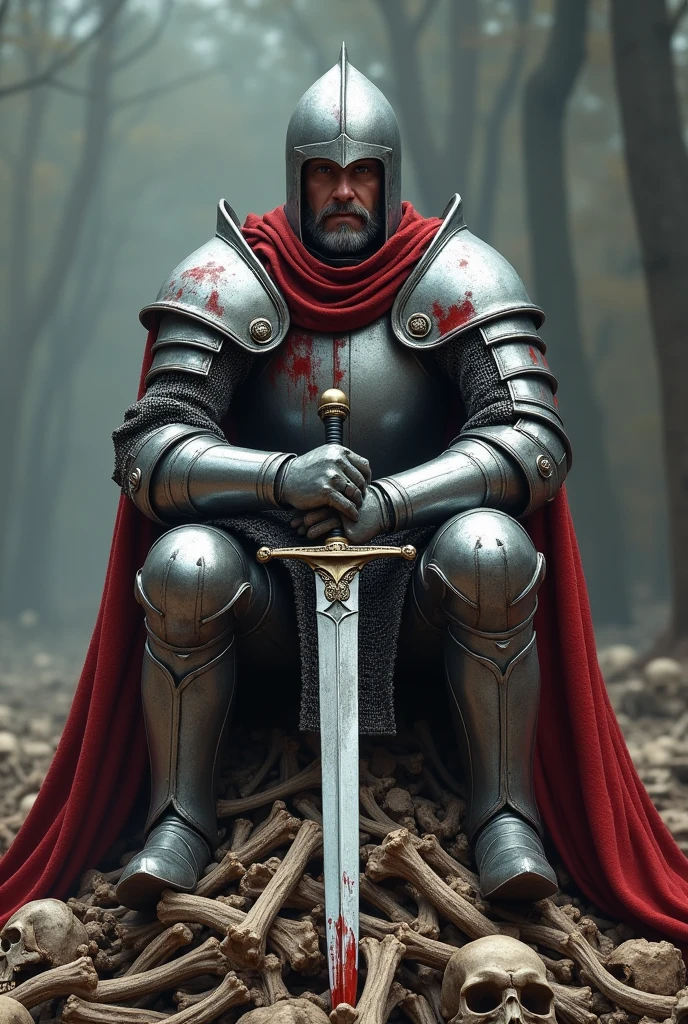 Please generate a Medieval Knight in a bloody silver armor with a sword sitting on a top of pile of bones
