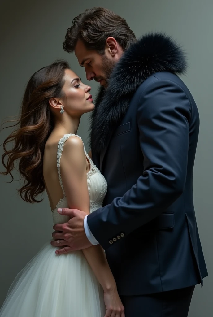 A tall man in a navy blue suit, black fur, intimidating looking man in his 30s hugging a brown haired white woman in her 20s IN A WEDDING DRESS