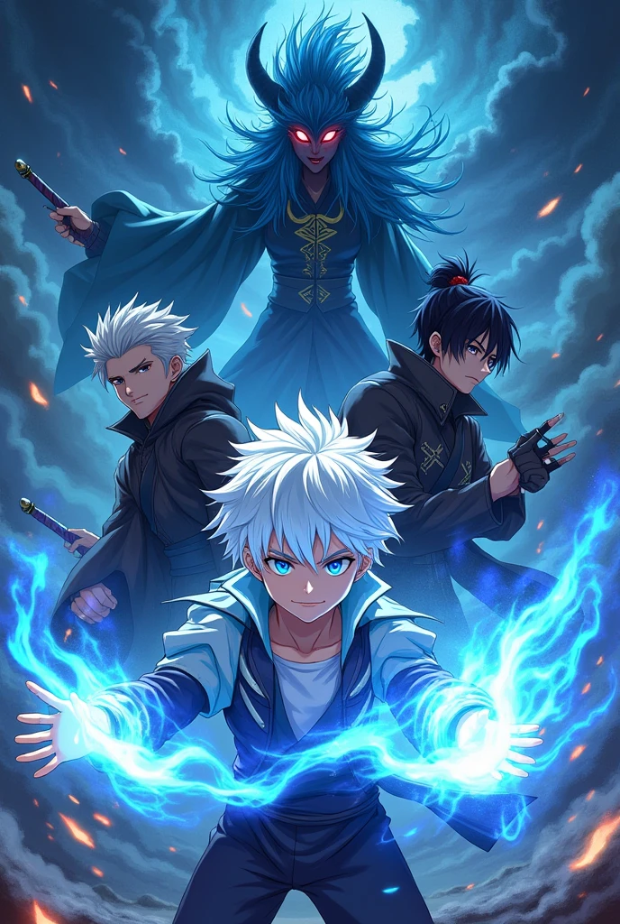 Create a cover of an anime boy with white hair and blue eyes showing his power with blue fire in his hands and around him are his friends a dark magician , a Chinese sword and a wizard with the power of darkness and in the background there is a Demon Queen with blue hair and reddish black eyes and the title of the cover is The Darks Of Destiny