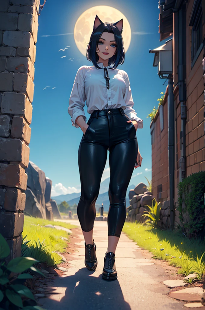 art in 4K, Full HD, Best Quality, perfect art: girl, cat ears, dark rock clothes, black pants with small chains on the pockets, making the rock symbol with one hand, nails and lipstick painted black, sadic little corner smile, looking at the viewer, beautiful blue eyes and extremely detailed lips, scenery of a plain of a field at night with a biggest full moon, night. (art without any distortions, without any blur and without any defects.)