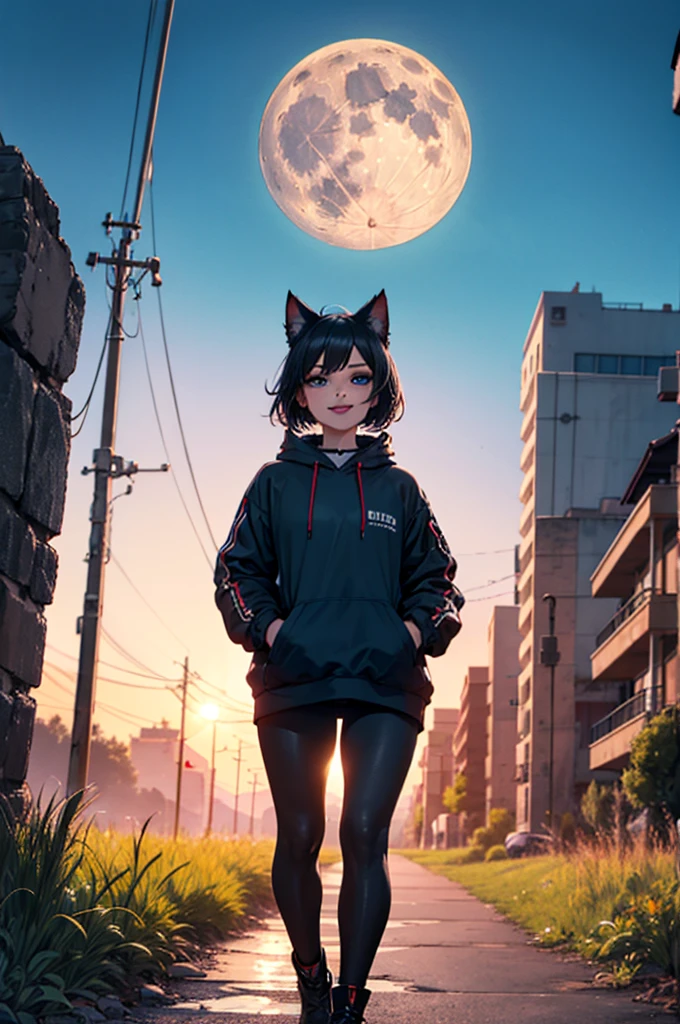 art in 4K, Full HD, Best Quality, perfect art: girl, cat ears, dark rock clothes, black pants with small chains on the pockets, making the rock symbol with one hand, nails and lipstick painted black, sadic little corner smile, looking at the viewer, beautiful blue eyes and extremely detailed lips, scenery of a plain of a field at night with a biggest full moon, night. (art without any distortions, without any blur and without any defects.)