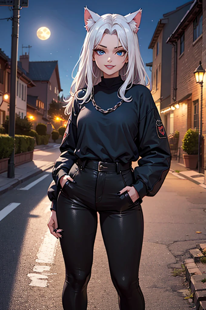 art in 4K, Full HD, Best Quality, perfect art: girl, cat ears, dark rock clothes, black pants with small chains on the pockets, making the rock symbol with one hand, nails and lipstick painted black, sadic little corner smile, looking at the viewer, beautiful blue eyes and extremely detailed lips, scenery of a plain of a field at night with a biggest full moon, night. (art without any distortions, without any blur and without any defects.)